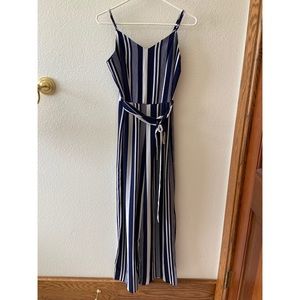Blue & White Variegated Vertical Stripe Jumpsuit with Belt